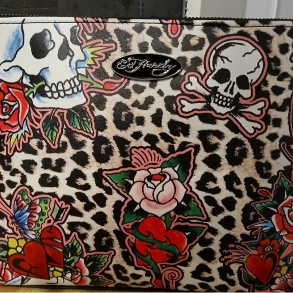 NWT Ed Hardy Skull and Rose Leopard Print Cosmetic Bag